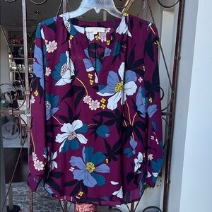LOFT Plum Floral Long-Sleeve Blouse with Blue, White & Yellow Flowers